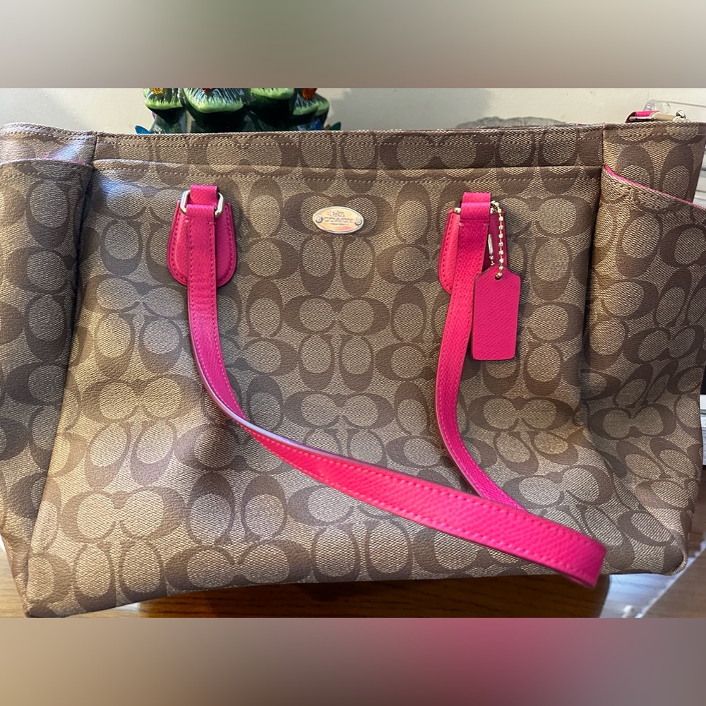Coach Authentic Diaper Bag Brown With Pink Handles Mint - Picture 9 of 9